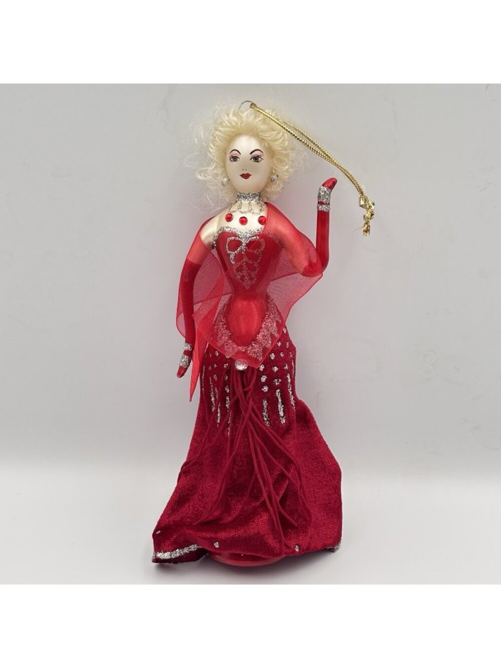 Blown Glass Lady In Red Christmas Ornament Beaded Dress Blonde Glitter Bodice 8”